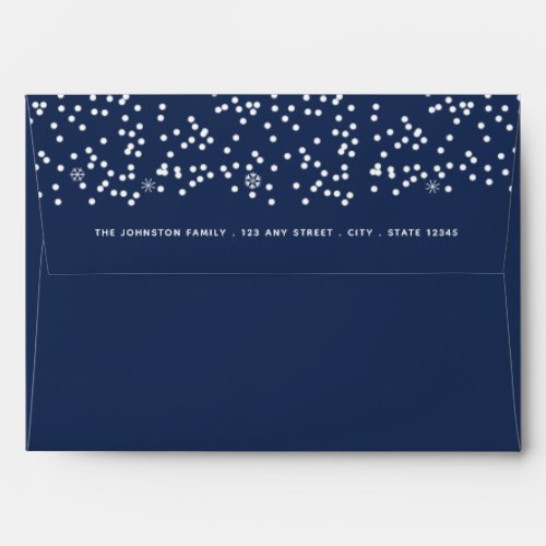 Modern white snowflakes navy blue return address envelope