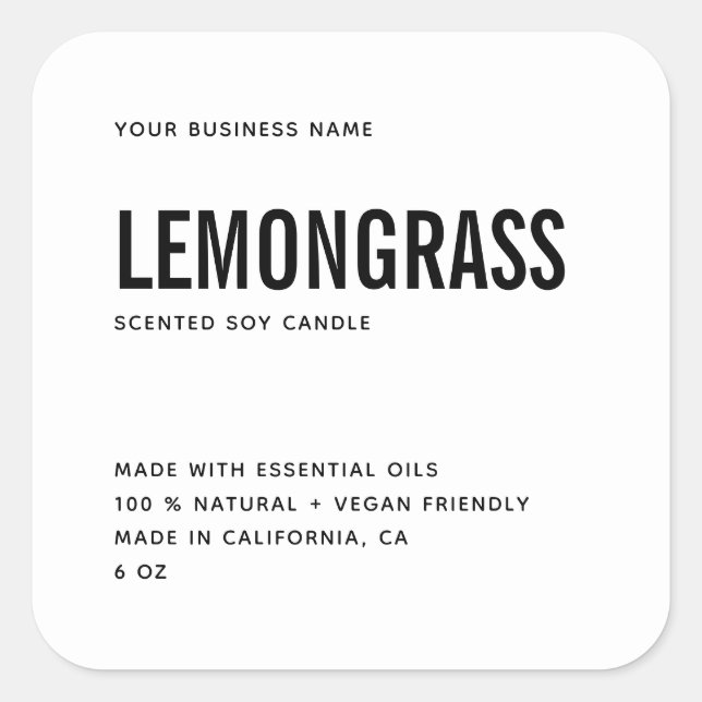 Modern white soy candle product label (Front)