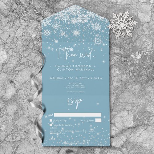 Modern White Sparkle Snowflakes Blue No Dinner All In One Invitation