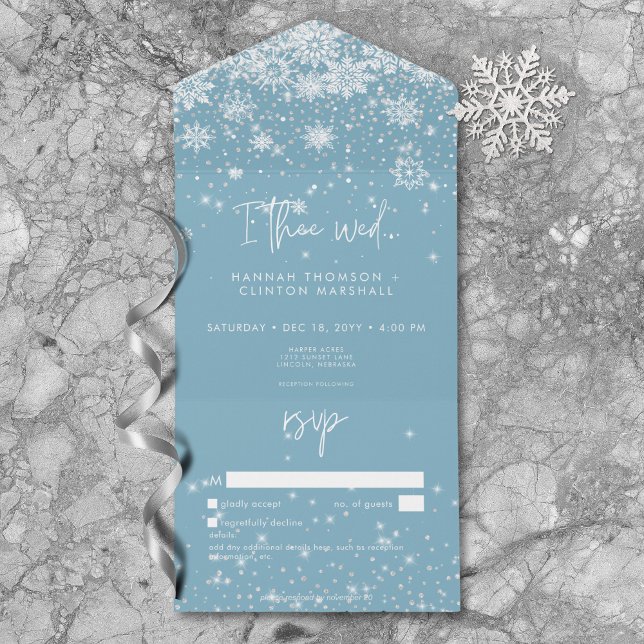 Modern White Sparkle Snowflakes Blue No Dinner All In One Invitation (Modern White Sparkle Snowflakes Blue No Dinner All In One Invitation)
