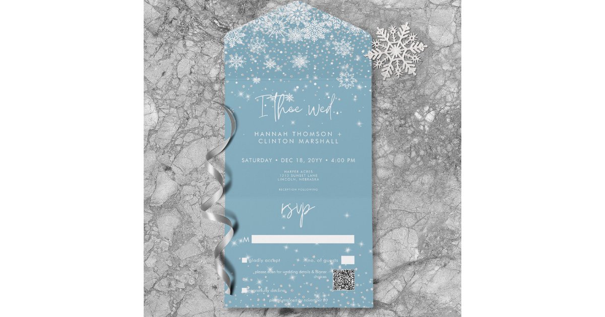 Modern White Sparkle Snowflakes Blue QR Code All In One Invitation | Zazzle