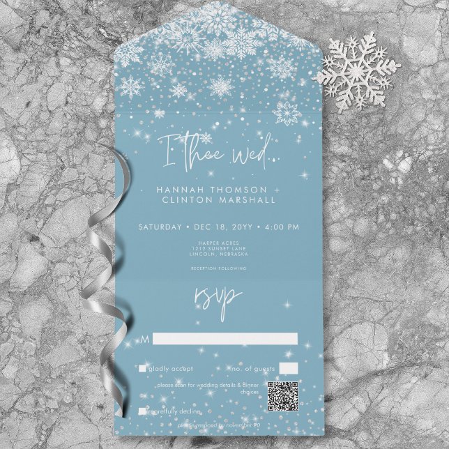 Modern White Sparkle Snowflakes Blue QR Code All In One Invitation (Modern White Sparkle Snowflakes Blue QR Code All In One Invitation)