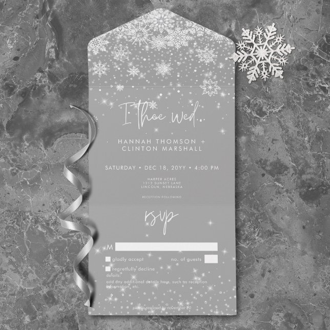 Modern White Sparkle Snowflakes Wedding No Dinner All In One Invitation (Modern White Sparkle Snowflakes Wedding No Dinner All In One Invitation)