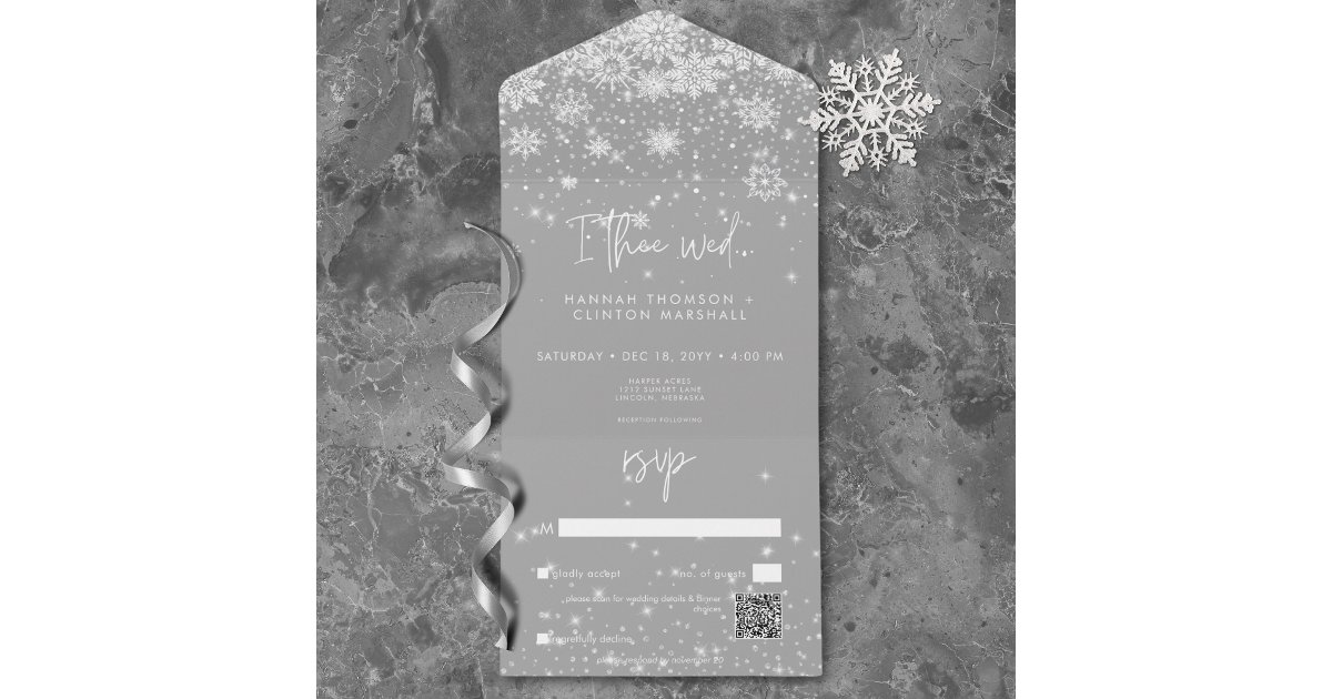 Modern White Sparkle Snowflakes Wedding QR Code All In One Invitation ...
