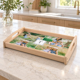 Modern White Square Monogram Family Photo Serving Tray