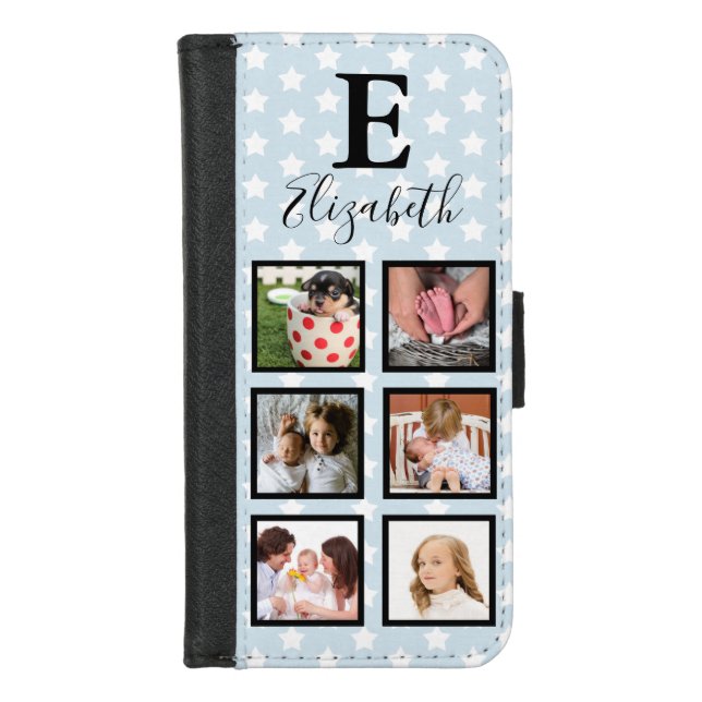 Modern White Stars 6 Photos & Name iPhone Wallet Case (Front)