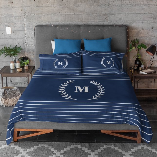 Modern White Stripes Monogrammed Navy Blue Duvet Cover (Creator Uploaded)