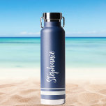 Modern White Stripes Navy Wedding Water Bottle<br><div class="desc">Modern White Stripes Navy Wedding Water Bottle. Personalize this stylish water bottle with your custom name.</div>
