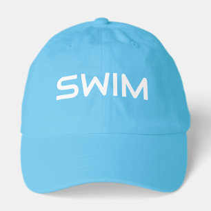 Modern White SWIM Text Neon Blue Background Hat