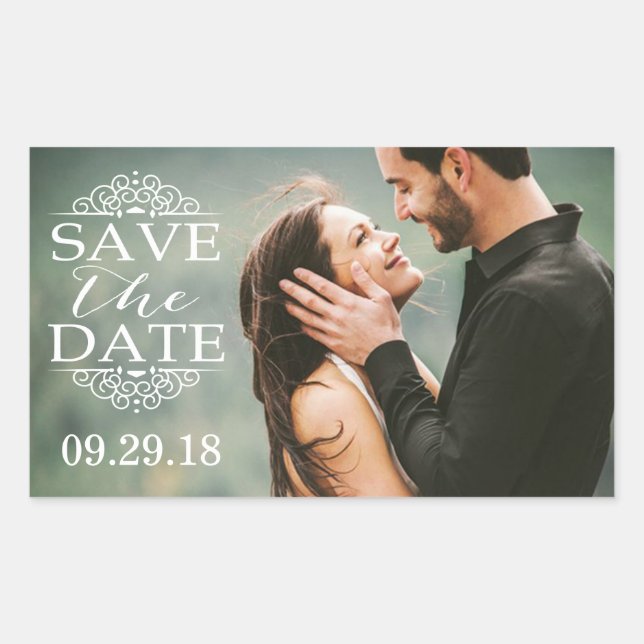 Modern White Swirls | Custom Photo Save The Date Rectangular Sticker (Front)