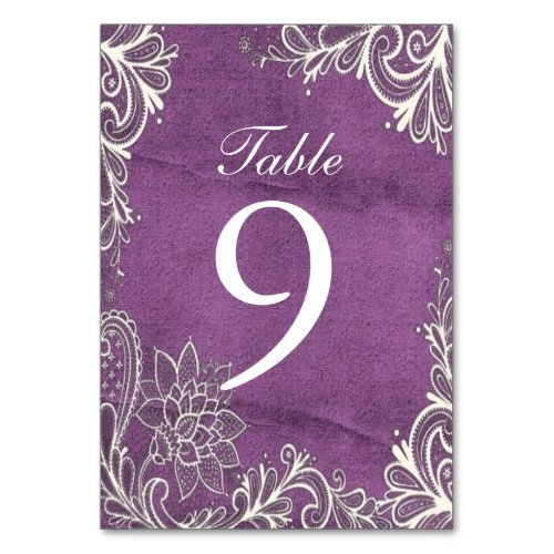 modern white swirls purple wedding table number