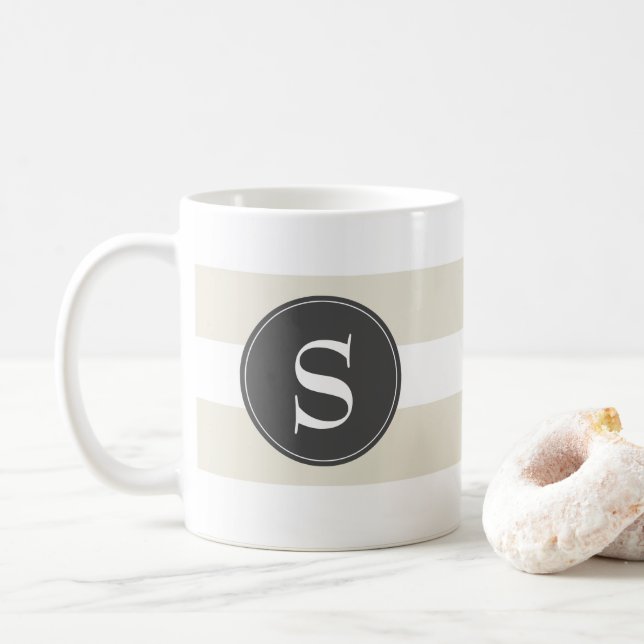 Modern White, Taupe, Black Monogram Coffee Mug (With Donut)