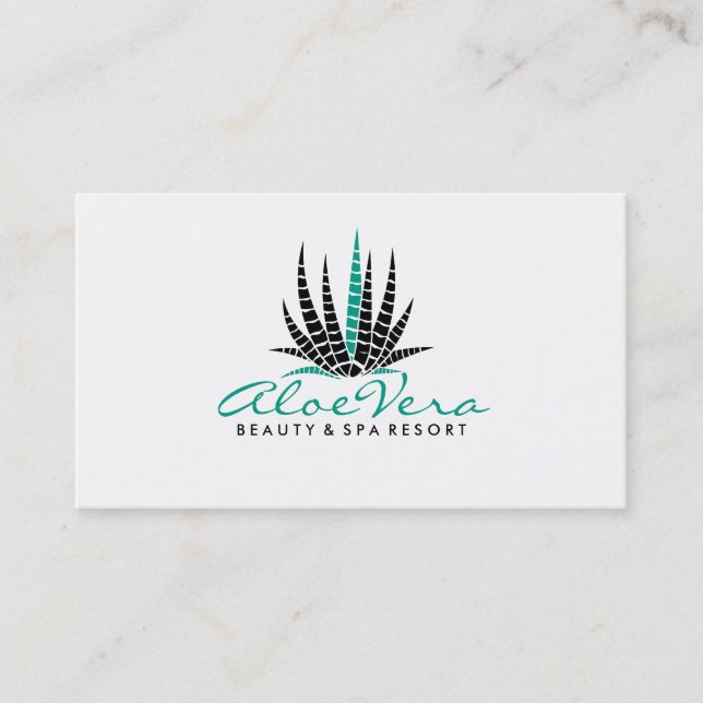 Modern White & Teal Aloe Vera Simple Illustration Business Card (Front)