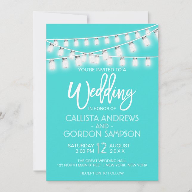 Modern White Teal Mason Jar String Lights Wedding Invitation (Front)