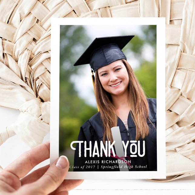 Modern White Text | Graduation Photo Thank You Card (Creator Uploaded)