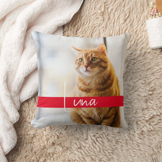 Modern White Text Name Cat Memorial Throw Pillow (Blanket)
