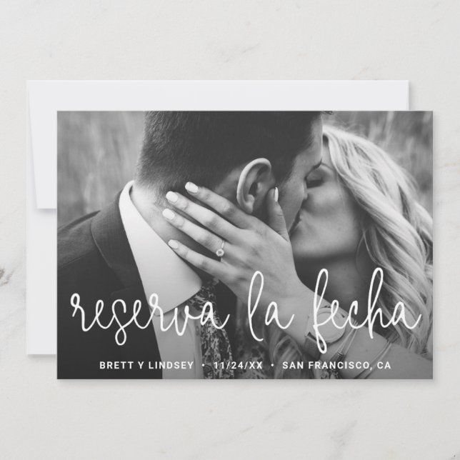 Modern White Thin Script Typography Photo Spanish Save The Date (Front)