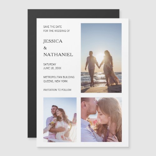 Modern White Three Photos Collage Save the Date Magnetic Invitation