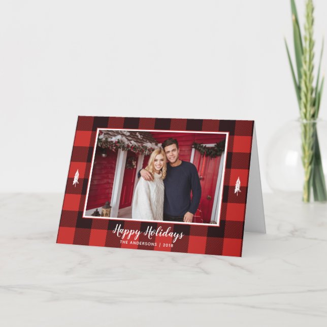 Modern White Tree Red & Black Christmas Photo Card (Front)