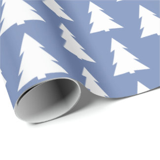 Modern White Trees on Blue Geometric Pattern Wrapping Paper