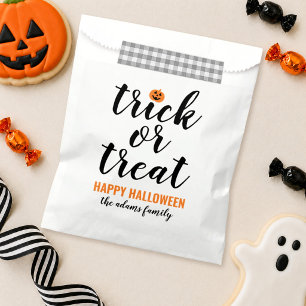 Modern White Trick or Treat Script Family Name Favor Bag