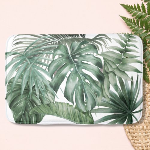 Modern White Tropical Monstera Leaves Pattern Bath Mat