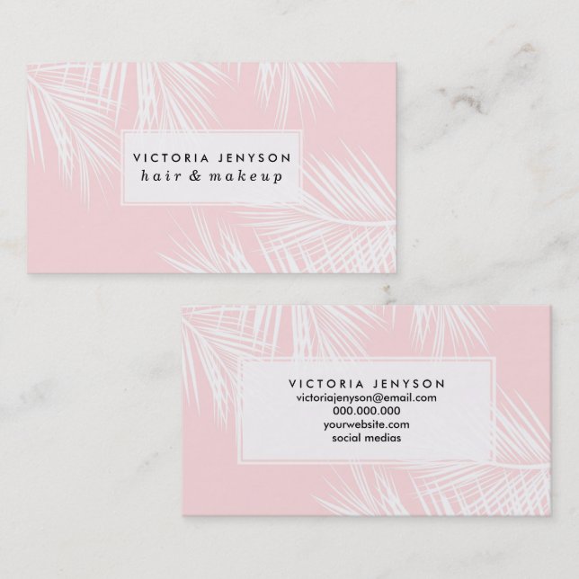 Modern white tropical palm tree stylish pink business card (Front/Back)