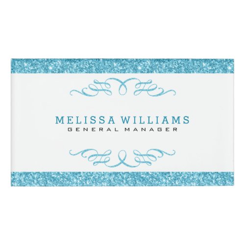 Modern White  Turquoise Glitter  Swirls Design Name Tag