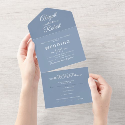 Modern white typography dusty blue wedding all in one invitation