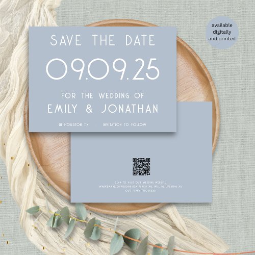Modern White Typography Dusty Blue Wedding Save The Date