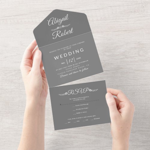 Modern white typography gray wedding all in one invitation