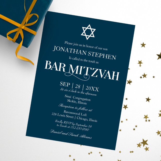 Modern White Typography On Blue Bar Mitzvah Invitation (Creator Uploaded)