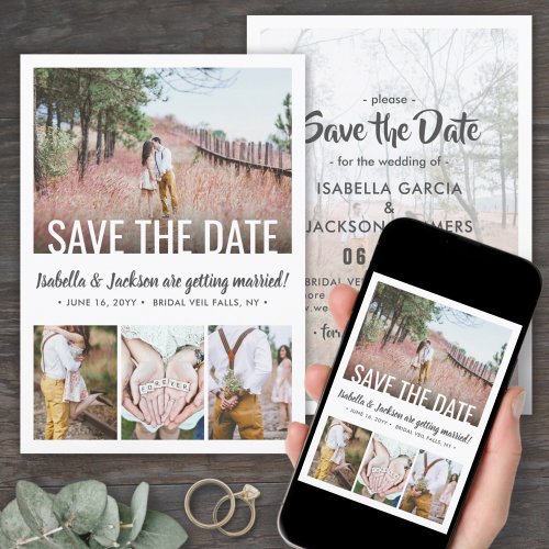 Modern White Typography Overlay Five Photo Wedding Save The Date