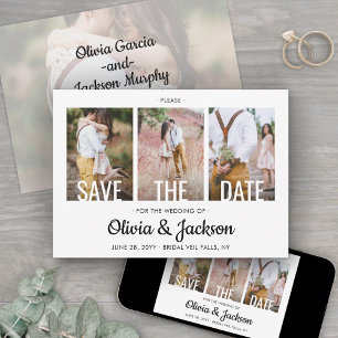 Modern White Typography Overlay Four Photo Wedding Save The Date
