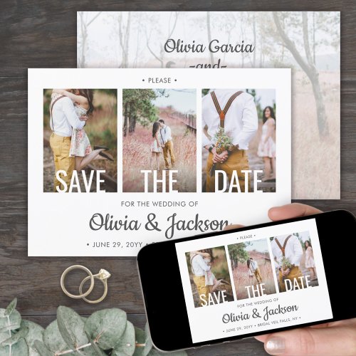 Modern White Typography Overlay Four Photo Wedding Save The Date