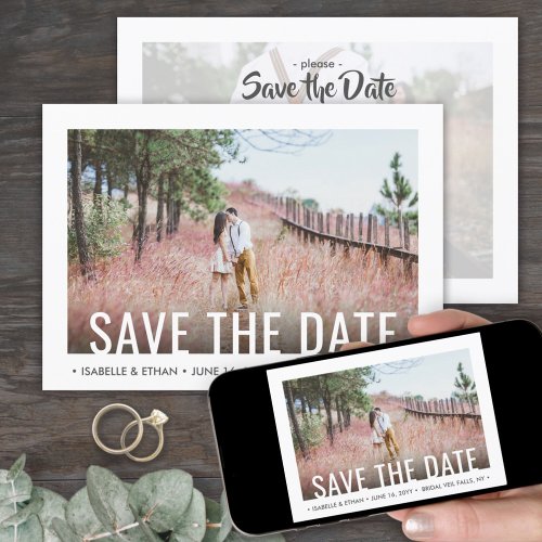 Modern White Typography Overlay Two Photo Wedding Save The Date