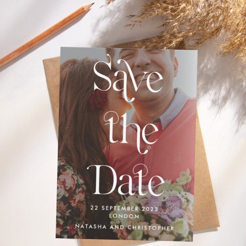 Modern White Typography Photo Vellum Overlay Style Save The Date