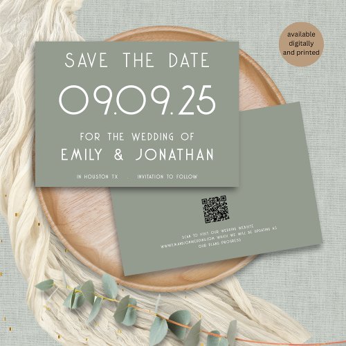 Modern White Typography Sage Green Wedding Save The Date