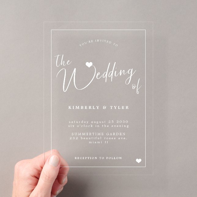 Modern white typography script wedding acrylic invitations (Insitu (Handheld))