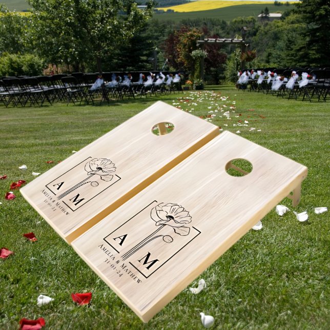 Modern White Washed Wood Floral Monogram Initials Cornhole Set (Creator Uploaded)