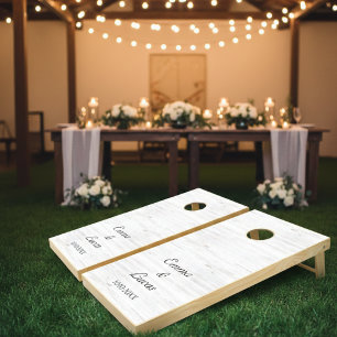 Modern White Washed Wood Personalized Wedding  Cornhole Set