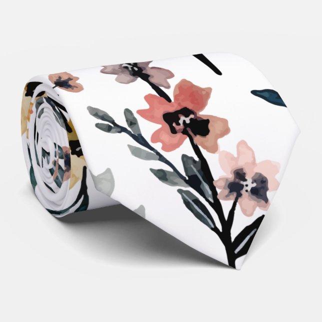 Modern White Watercolor Botanical Floral Pattern Neck Tie (Rolled)