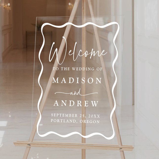 Modern White Wavy Frame Wedding Welcome Acrylic Sign (Creator Uploaded)