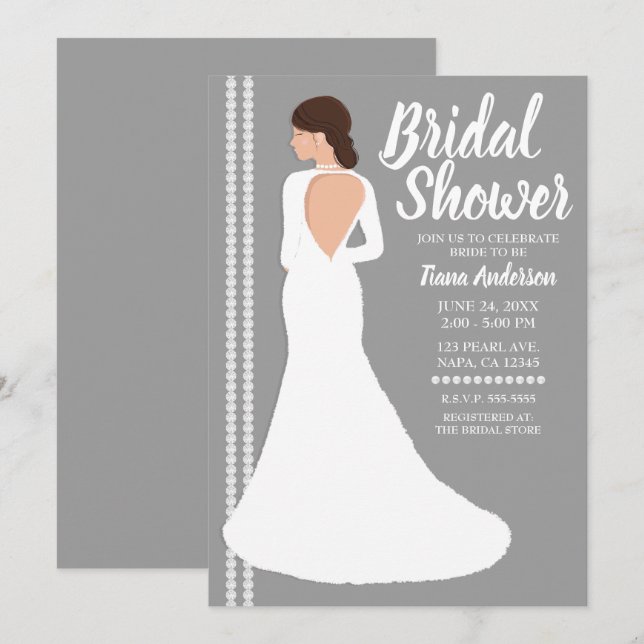 Modern White Wedding Dress Bling Bridal Shower Invitation (Front/Back)