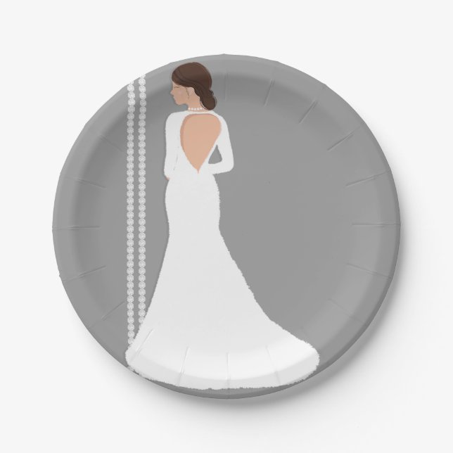 Modern White Wedding Dress Bling Bridal Shower Paper Plates (Front)