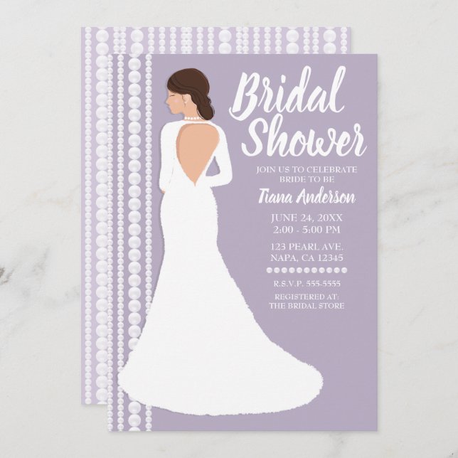 Modern White Wedding Dress & Pearls Bridal Shower Invitation (Front/Back)