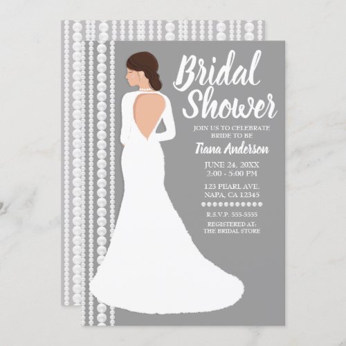 Modern White Wedding Dress  Pearls Bridal Shower Invitation