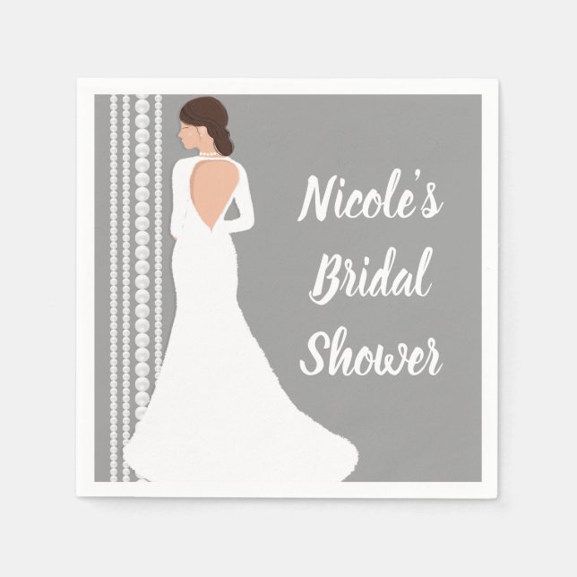 Modern White Wedding Dress & Pearls Bridal Shower Napkins (Front)