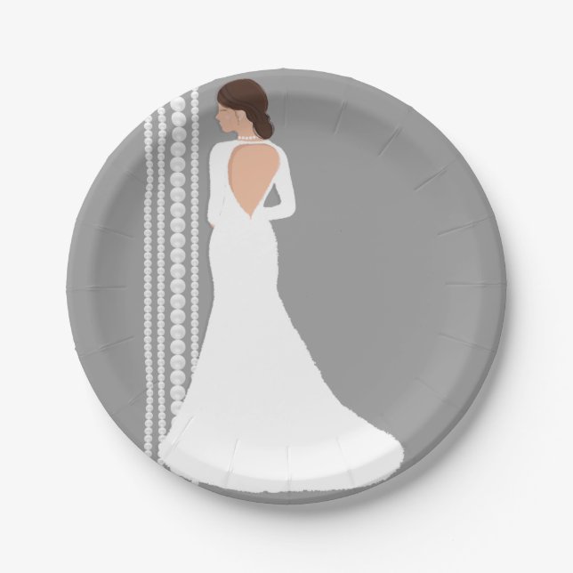 Modern White Wedding Dress & Pearls Bridal Shower Paper Plates (Front)