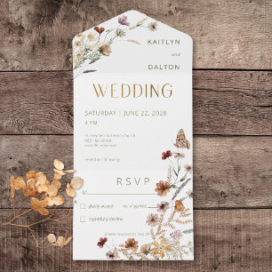 Modern White Wildflower Bouquet No Dinner All In One Invitation